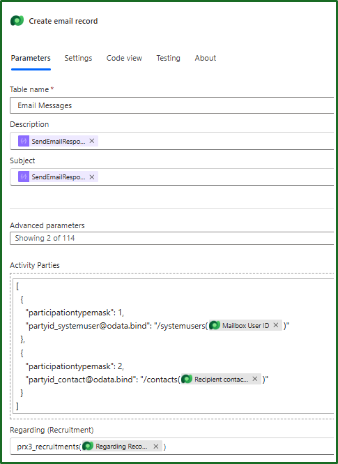 Screenshot of action to create a row in the email messages table with custom fields from previous steps